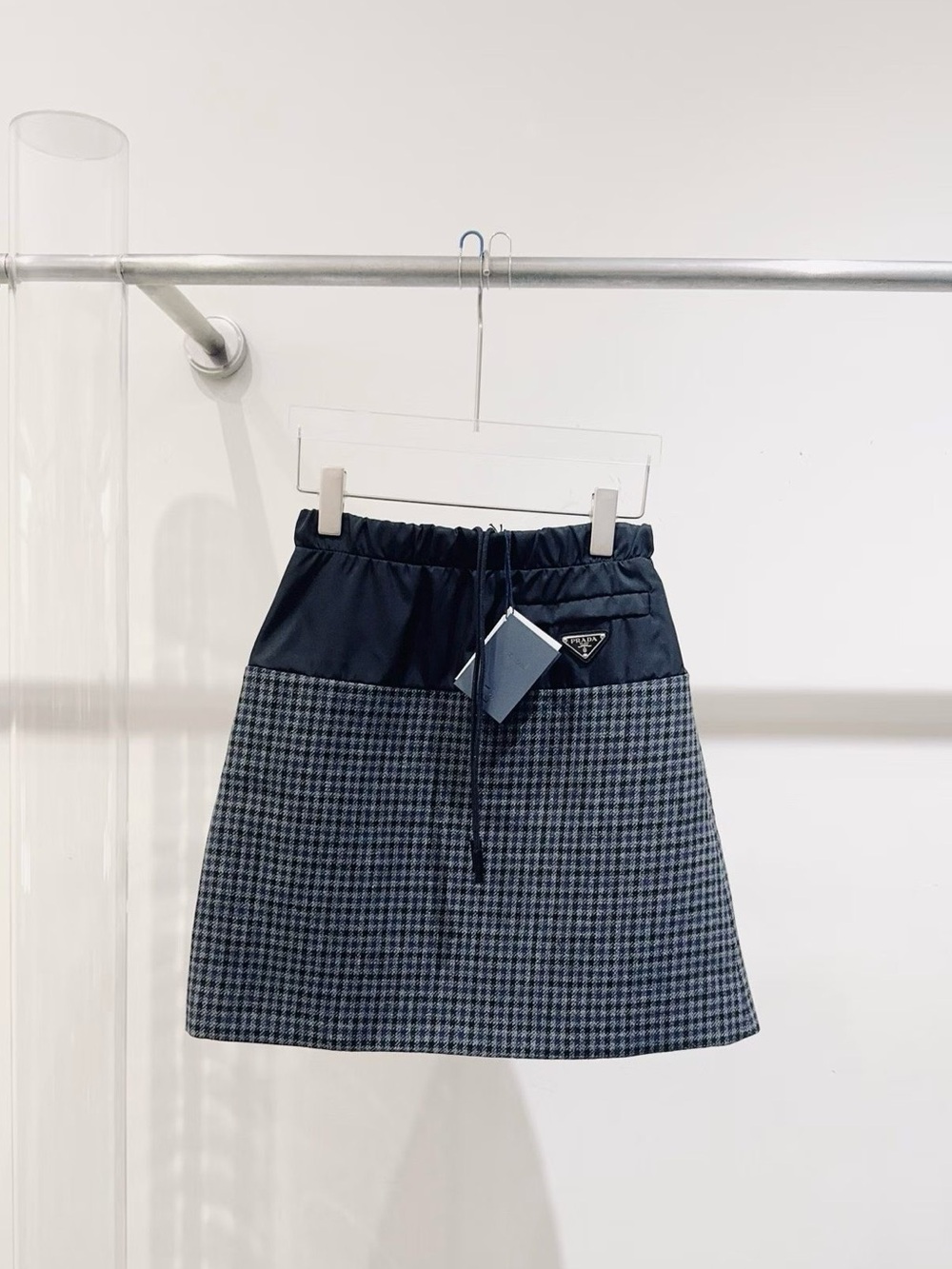 🚩steal Prada Navy Houndstooth Panel Drawstring Mini Skirt